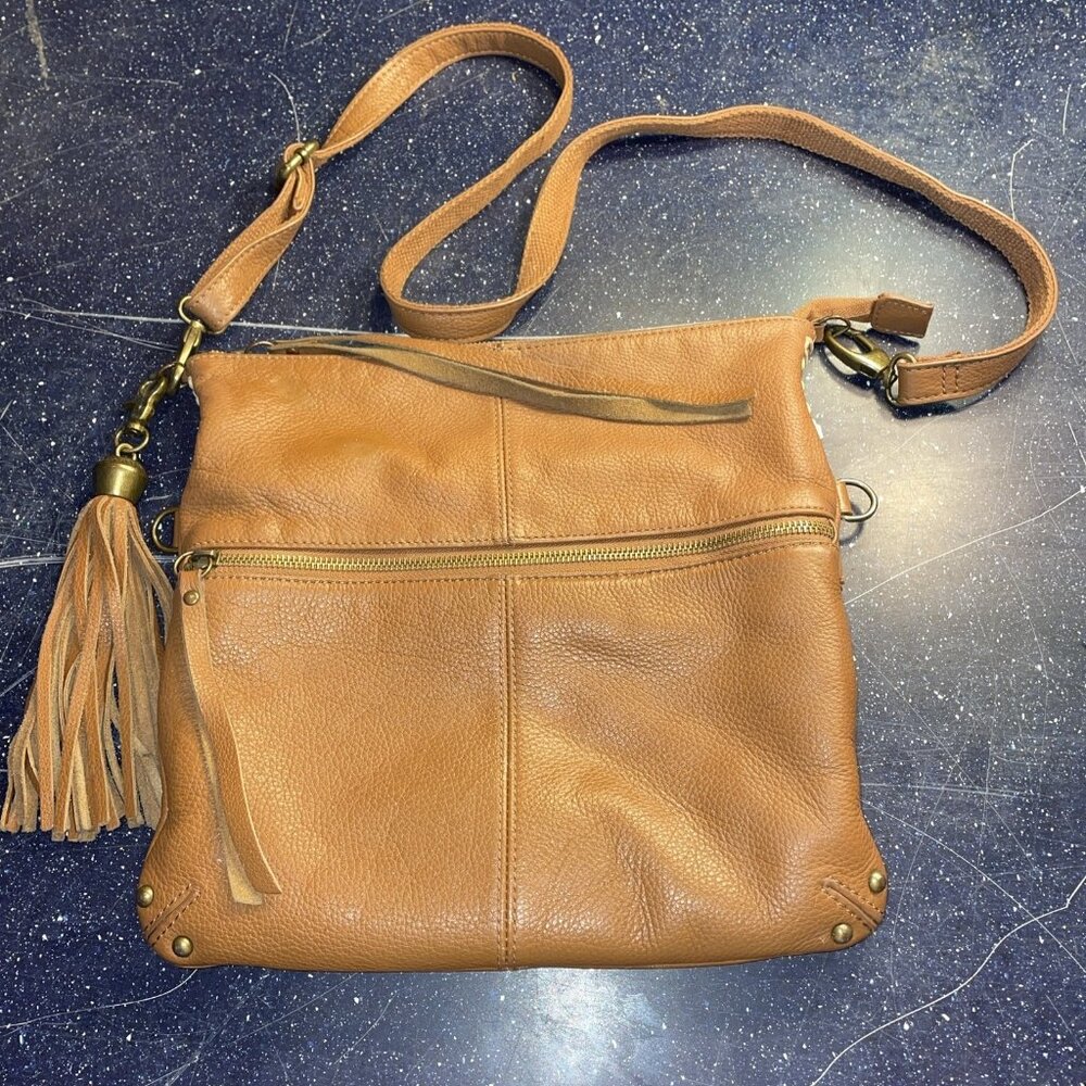 Lucky Brand Leather Crossbody Shoulder Bag Fringe Tan Boho Hippie Western